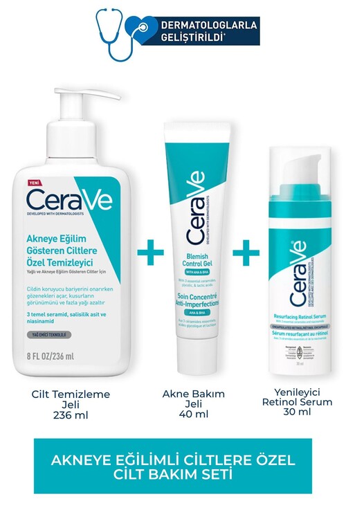 CeraVe - Cerave Akneye Eğilimli Ciltlere Özel Bakım Seti (Yağlı ve Düzensiz Ciltler İçin Temizleme Jeli 236 ml, Cilt Bakım Jeli 40 ml, Yenileyici Retinol Serum 30 ml)