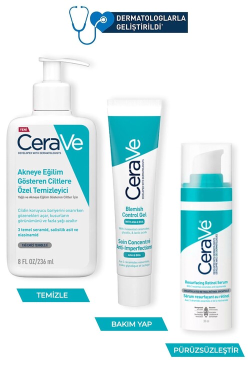 Cerave Akneye Eğilimli Ciltlere Özel Bakım Seti (Yağlı ve Düzensiz Ciltler İçin Temizleme Jeli 236 ml, Cilt Bakım Jeli 40 ml, Yenileyici Retinol Serum 30 ml)