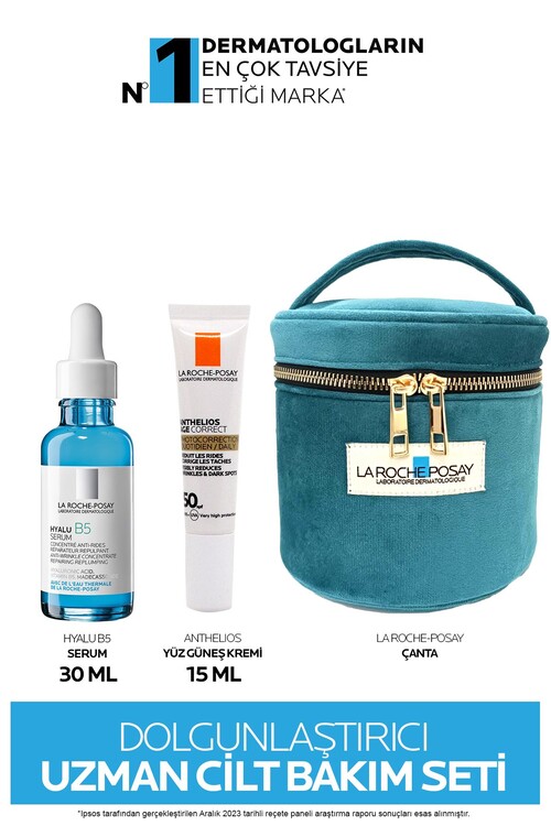 La Roche Posay - Dolgunlaştırıcı Uzman Cilt Bakım Seti: Hyalu B5 Serum 30ML&Age Correct Güneş Kremi 15ML&Çanta