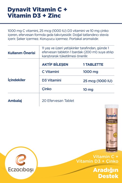 Dynavit Vitamin C + Vitamin D3 + Çinko Zinc Tablet