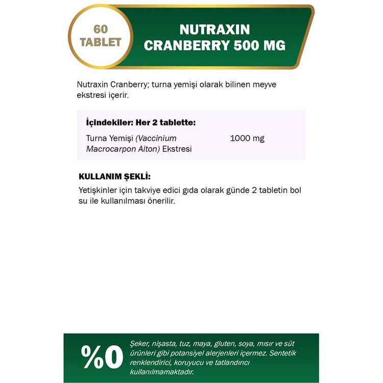 Nutraxin Cranberry 500 mg Takviye Edici Gıda 60 Ta