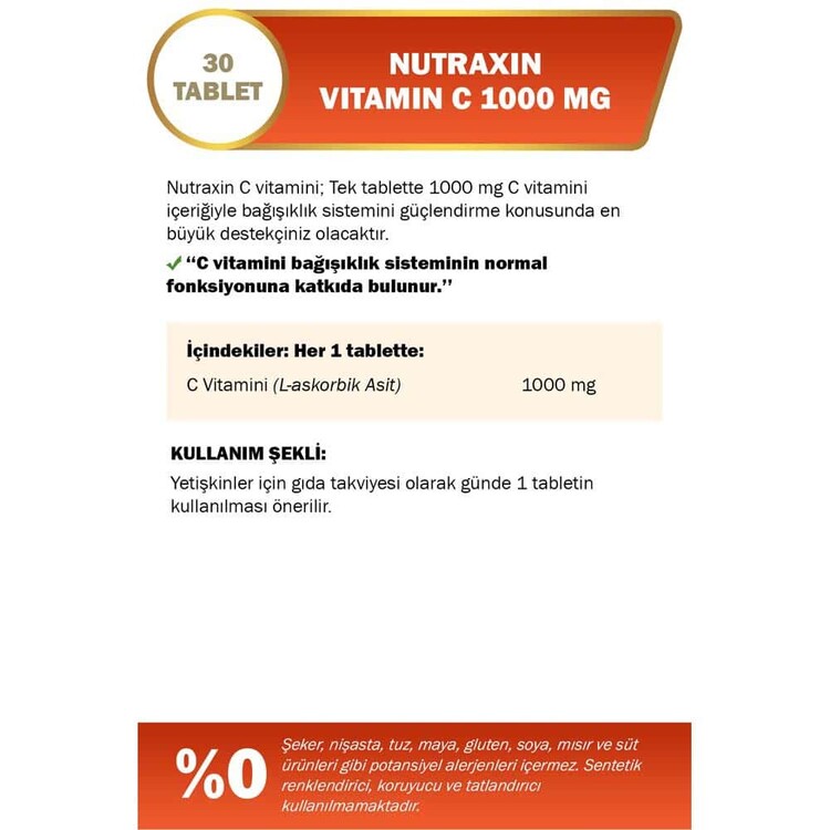 Nutraxin Vitamin C 1000 mg Takviye Edici Gıda 30 T