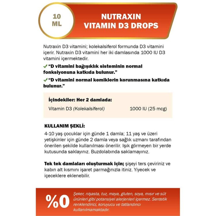 Nutraxin Vitamin D3 Takviye Edici Gıda Damla 10 ml