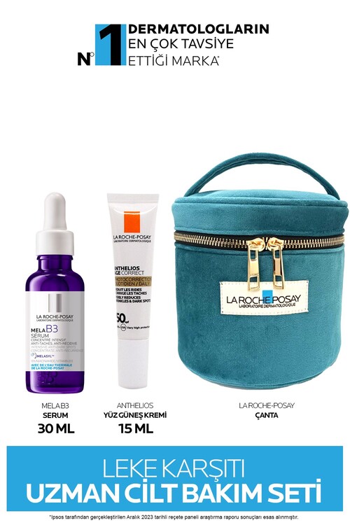 Uzman Leke Karşıtı Serum Seti:Mela B3 Leke Serumu 30ML&Age Correct Güneş Kremi 15ML&Çanta