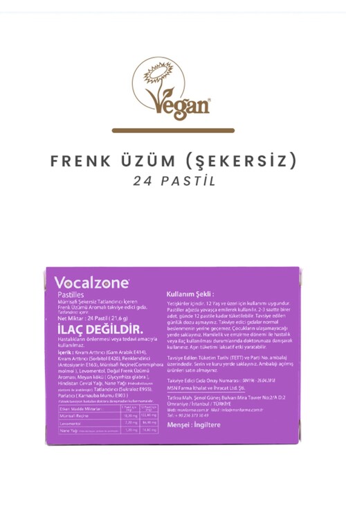 Vocalzone Frenk Üzüm (Şekersiz) 24 Pastil