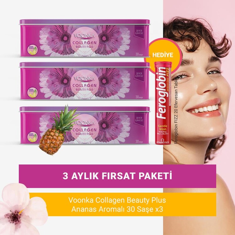 Voonka - Voonka Ananas Aromalı Kolajen 30 Saşe x3 (3 Aylık Paket) + Efervesan Tablet Hediyeli!