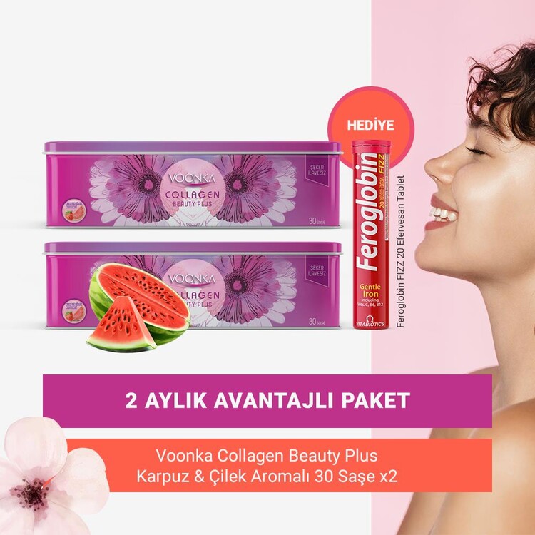 Voonka - Voonka Karpuz Çilek Aromalı Kolajen 30 Saşe x2 (2 Aylık Paket) + Efervesan Tablet Hediyeli!