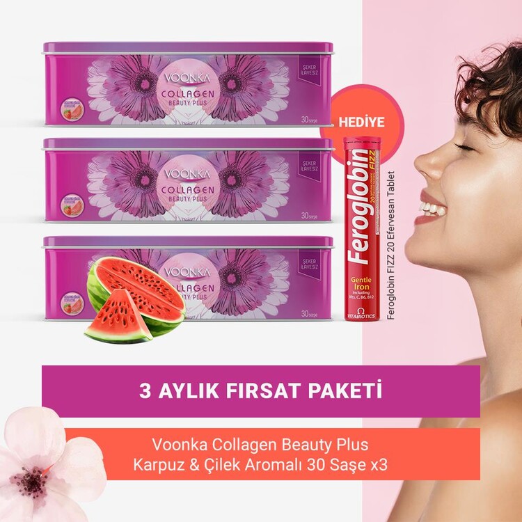 Voonka Karpuz Çilek Aromalı Kolajen 30 Saşe x3 (3 Aylık Paket) + Efervesan Tablet Hediyeli!