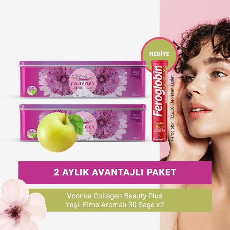 Voonka Yeşil Elma Aromalı Kolajen 30 Saşe x2 (2 Aylık Paket) + Efervesan Tablet Hediyeli!