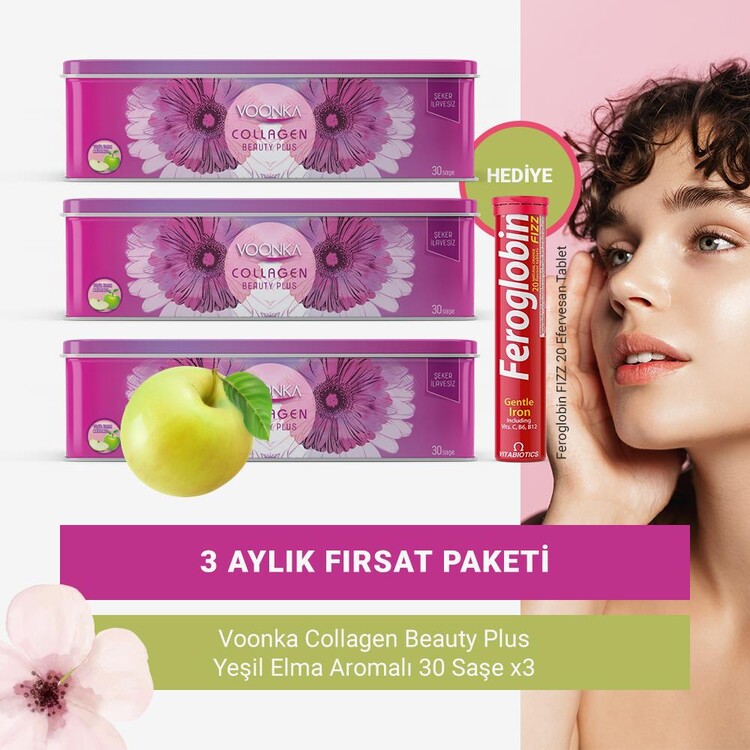 Voonka - Voonka Yeşil Elma Aromalı Kolajen 30 Saşe x3 (3 Aylık Paket) + Efervesan Tablet Hediyeli!