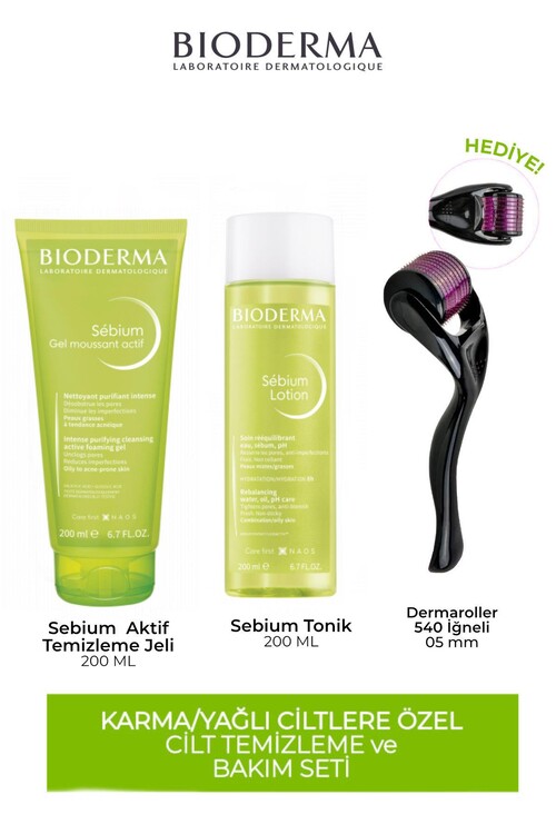 Bioderma - Yağlı ve Akneye Eğilimli Ciltlere Özel Cilt Temizleme Seti(Dermaroller Hediyeli)